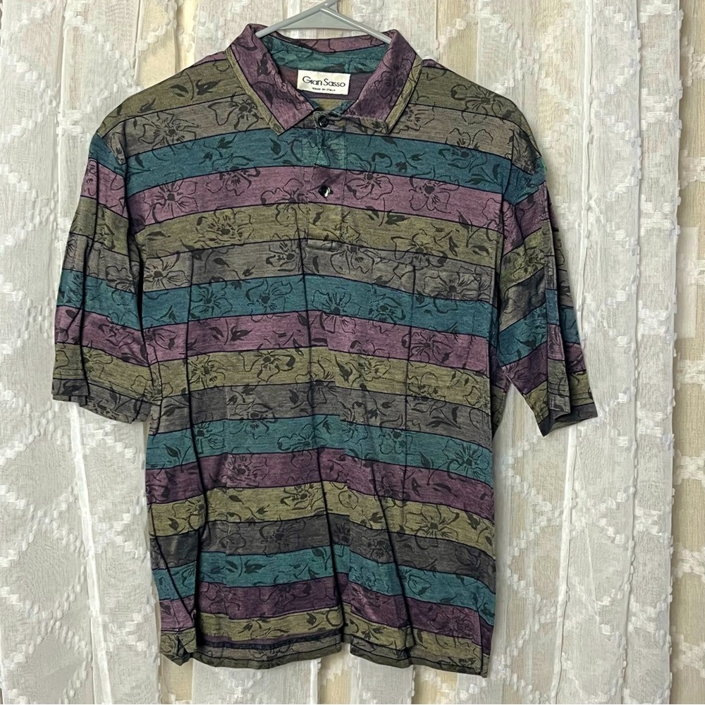 GRAN SASSO Italy Vtg Retro striped floral pattern Cotton Shirt M